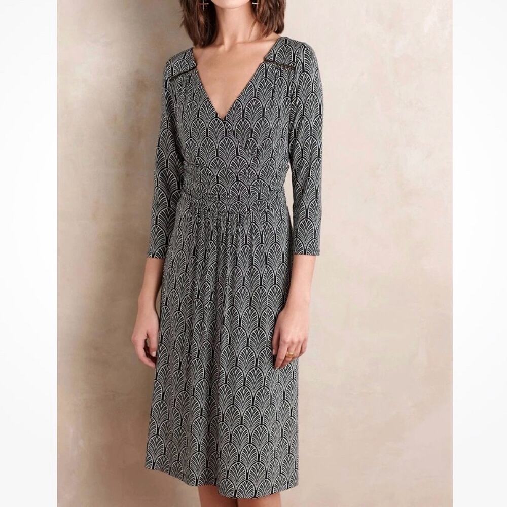 Anthropologie Maeve Galena Faux Wrap Midi Dress Black White Geometric Size M